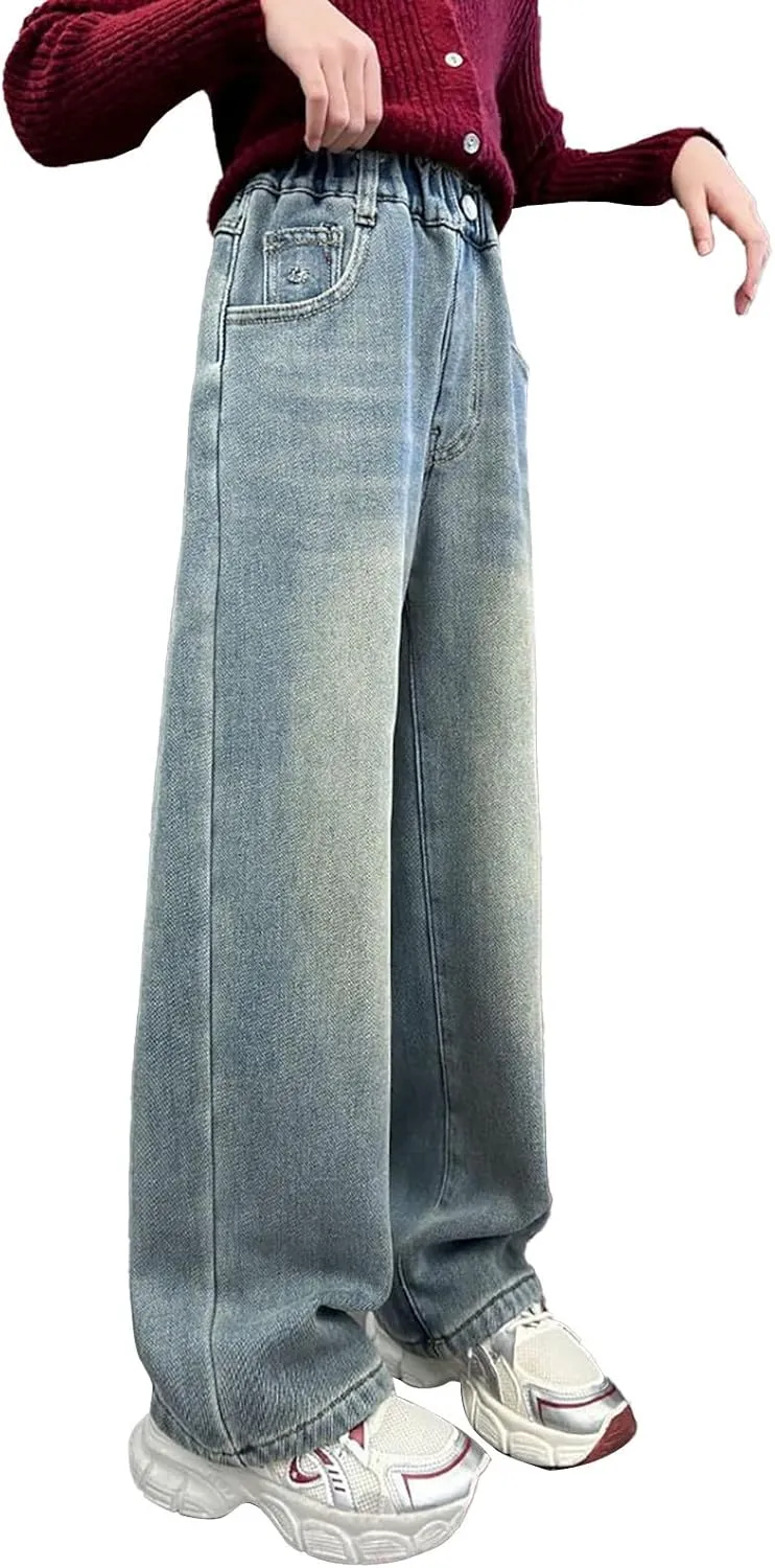 Girls Baggy Jeans Distressed Straight Leg Boyfriend Jeans Teen Girls High Elastic Waist Wide Leg Jeans Kids Denim Pants