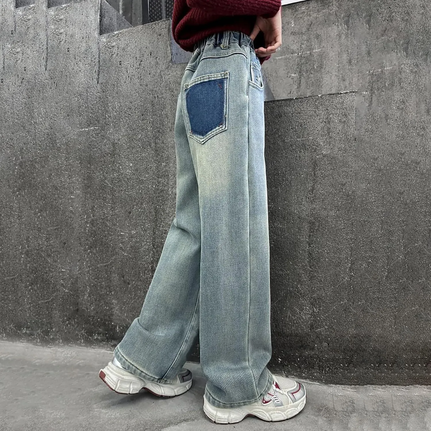 Girls Baggy Jeans Distressed Straight Leg Boyfriend Jeans Teen Girls High Elastic Waist Wide Leg Jeans Kids Denim Pants