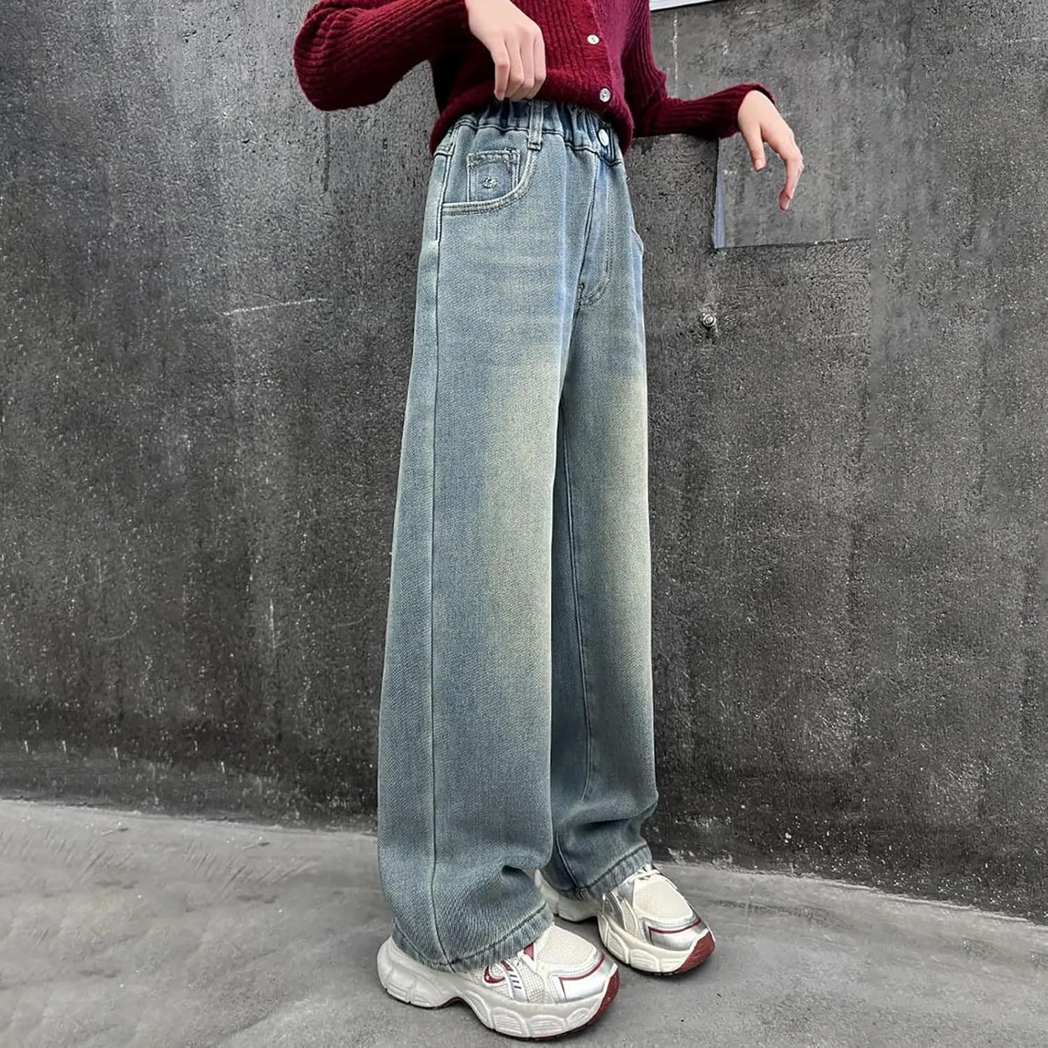 Girls Baggy Jeans Distressed Straight Leg Boyfriend Jeans Teen Girls High Elastic Waist Wide Leg Jeans Kids Denim Pants