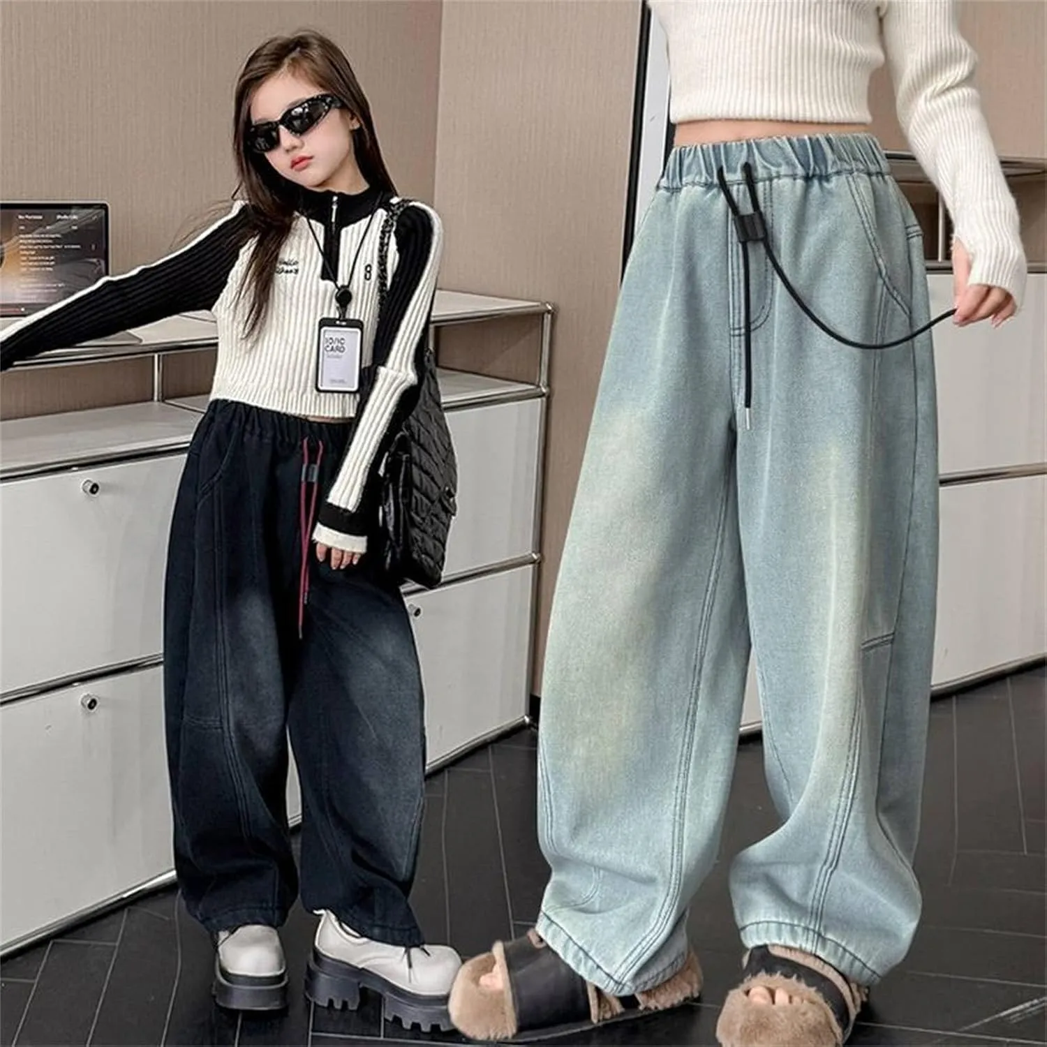 Girls Baggy Jeans Wide Leg Baggy Jeans High Waist Cargo Pants Vintage Streetwear Denim Jeans