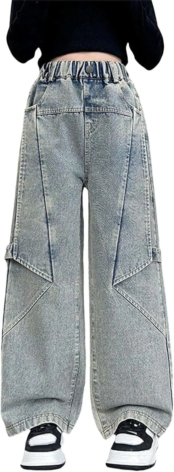 Girls Jeans Elastic Waist Wide Leg Denim Pants Y2k Cargo Pants Baggy Jeans Kids Distressed Straight Leg Jeans Loose Fit
