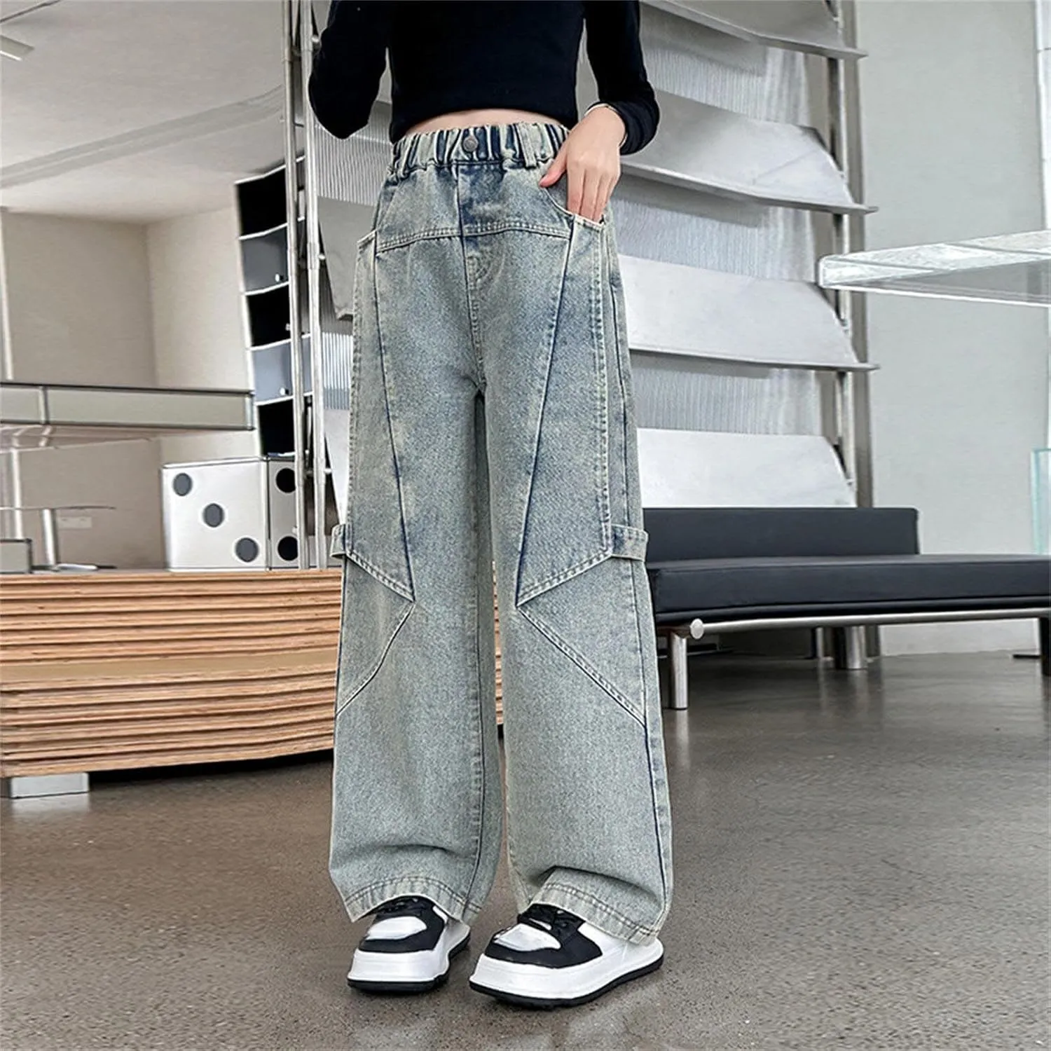 Girls Jeans Elastic Waist Wide Leg Denim Pants Y2k Cargo Pants Baggy Jeans Kids Distressed Straight Leg Jeans Loose Fit
