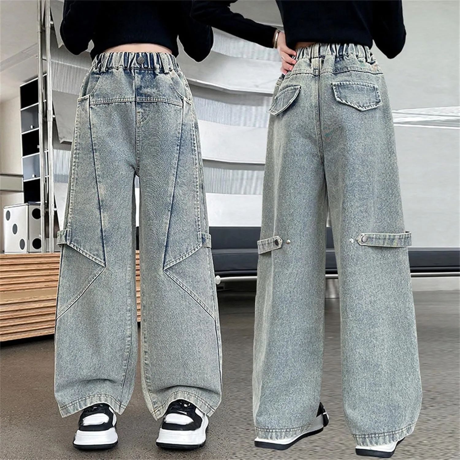 Girls Jeans Elastic Waist Wide Leg Denim Pants Y2k Cargo Pants Baggy Jeans Kids Distressed Straight Leg Jeans Loose Fit