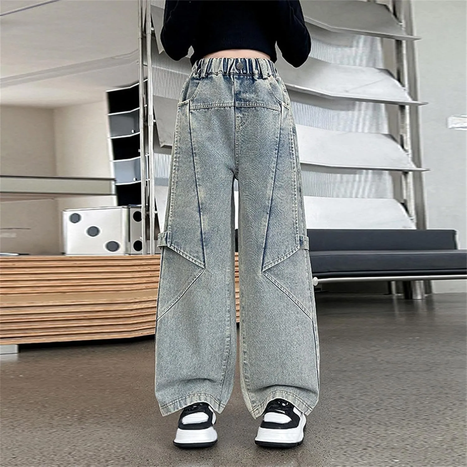 Girls Jeans Elastic Waist Wide Leg Denim Pants Y2k Cargo Pants Baggy Jeans Kids Distressed Straight Leg Jeans Loose Fit