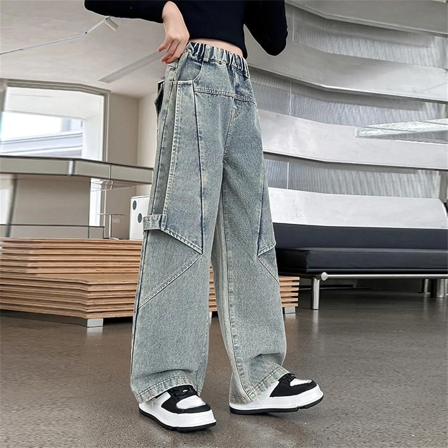Girls Jeans Elastic Waist Wide Leg Denim Pants Y2k Cargo Pants Baggy Jeans Kids Distressed Straight Leg Jeans Loose Fit