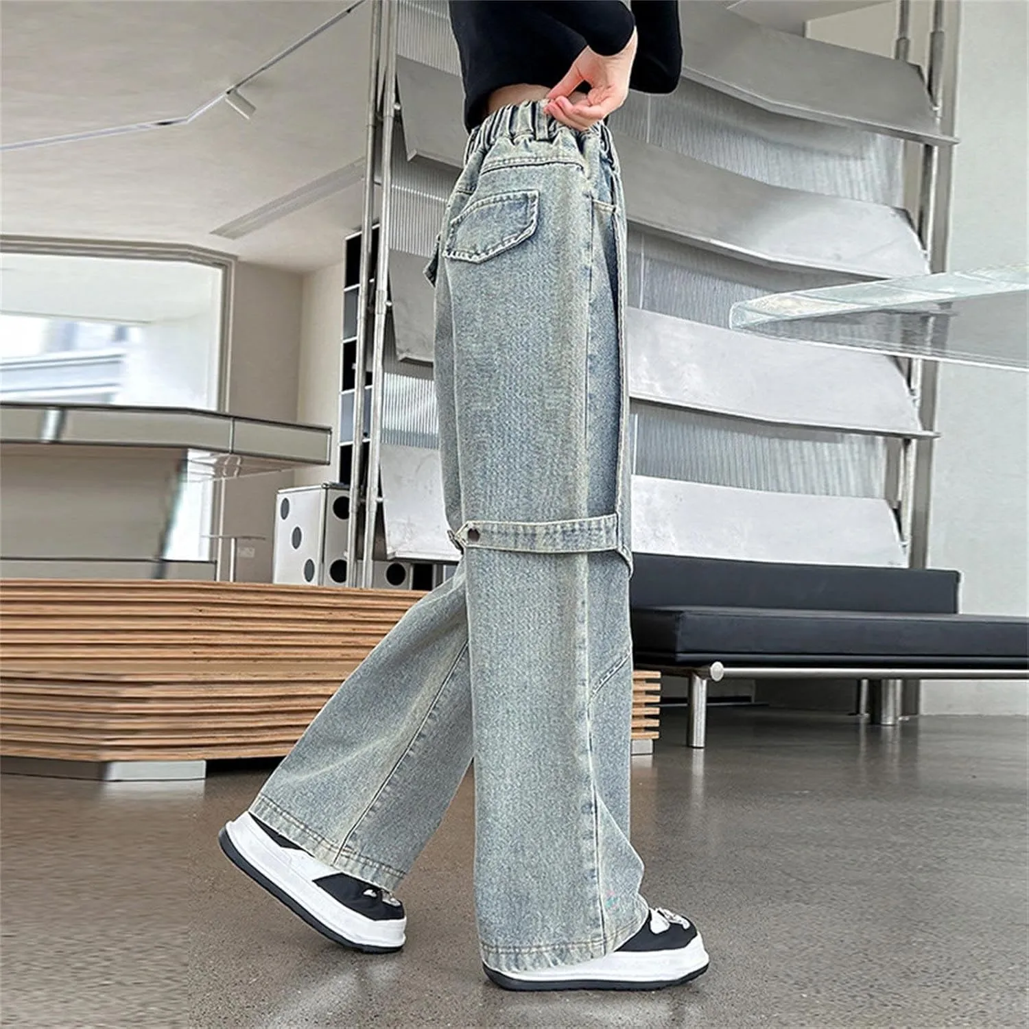 Girls Jeans Elastic Waist Wide Leg Denim Pants Y2k Cargo Pants Baggy Jeans Kids Distressed Straight Leg Jeans Loose Fit