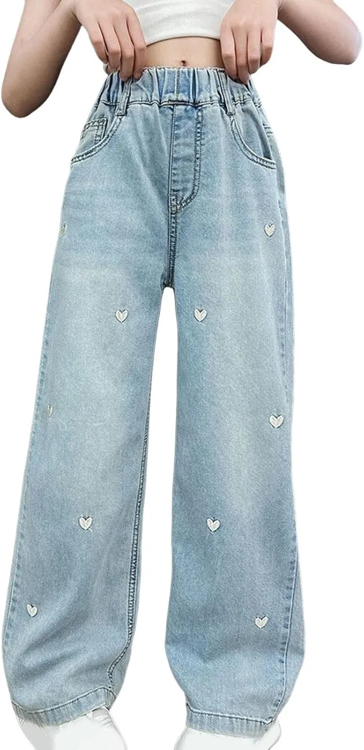 Girls Wide Leg Jeans High Elastic Waist Baggy Jeans Straight Leg Denim Pants Kids Girls Distressed Jeans Loose Fit