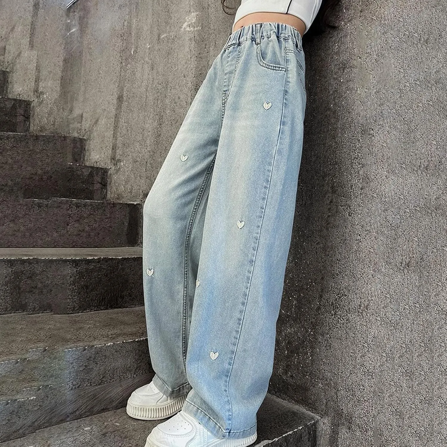 Girls Wide Leg Jeans High Elastic Waist Baggy Jeans Straight Leg Denim Pants Kids Girls Distressed Jeans Loose Fit