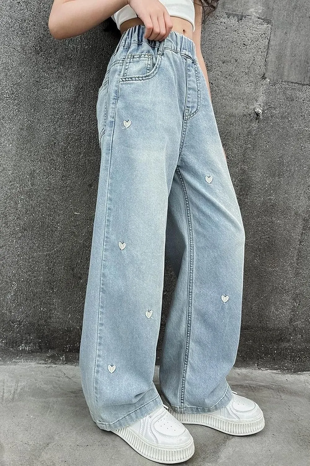 Girls Wide Leg Jeans High Elastic Waist Baggy Jeans Straight Leg Denim Pants Kids Girls Distressed Jeans Loose Fit