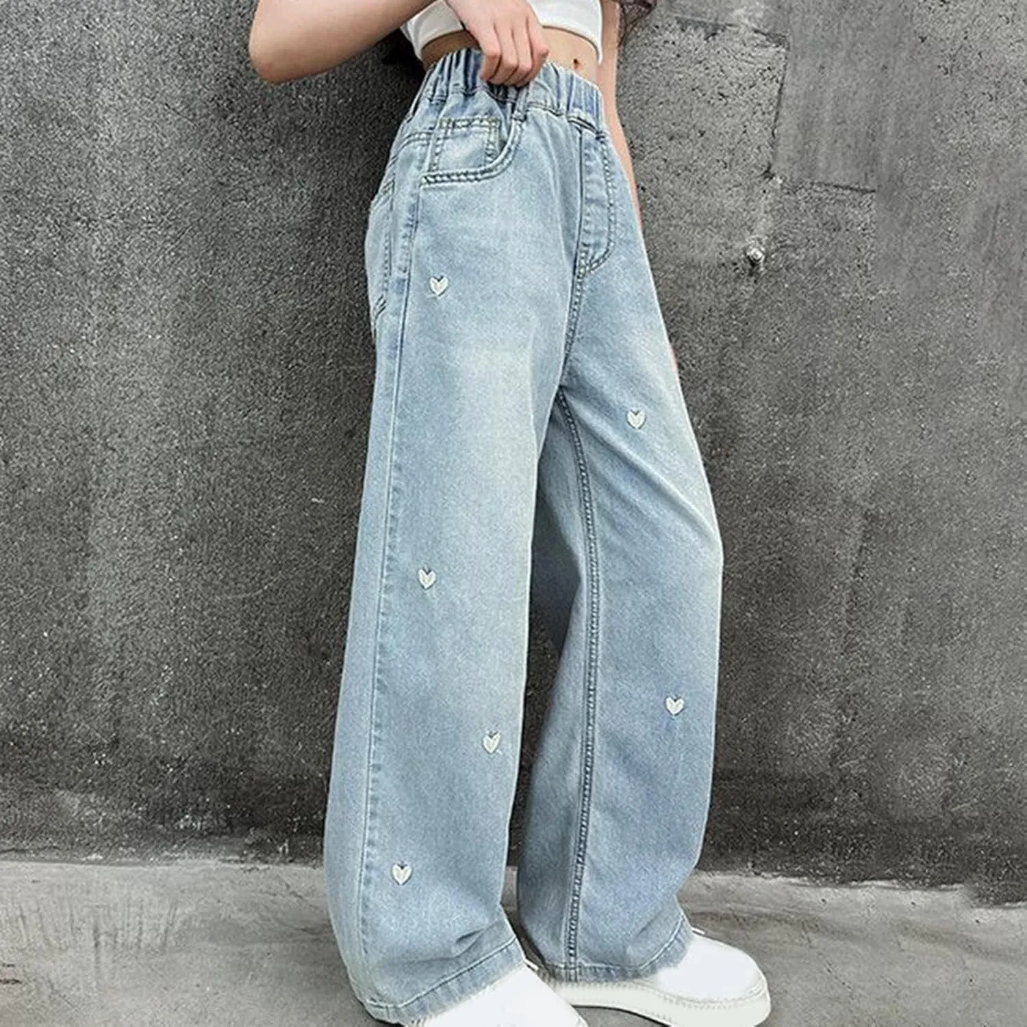 Girls Wide Leg Jeans High Elastic Waist Baggy Jeans Straight Leg Denim Pants Kids Girls Distressed Jeans Loose Fit