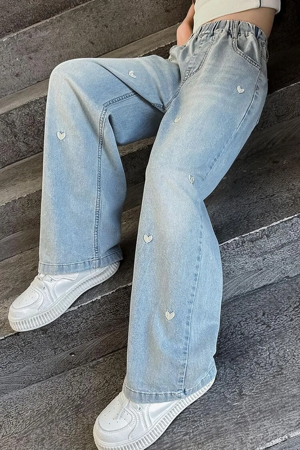 Girls Wide Leg Jeans High Elastic Waist Baggy Jeans Straight Leg Denim Pants Kids Girls Distressed Jeans Loose Fit