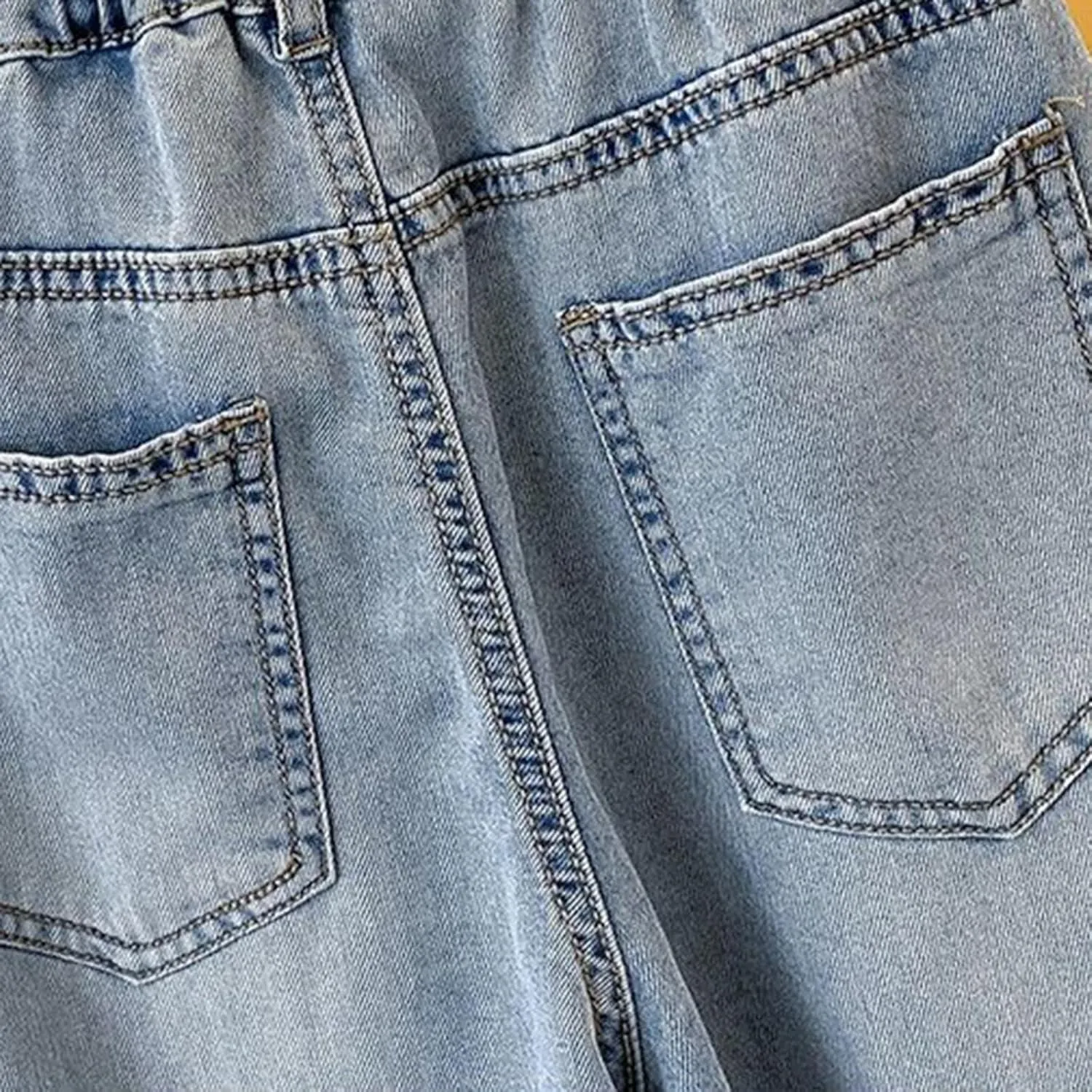 Girls Wide Leg Jeans High Elastic Waist Baggy Jeans Straight Leg Denim Pants Kids Girls Distressed Jeans Loose Fit