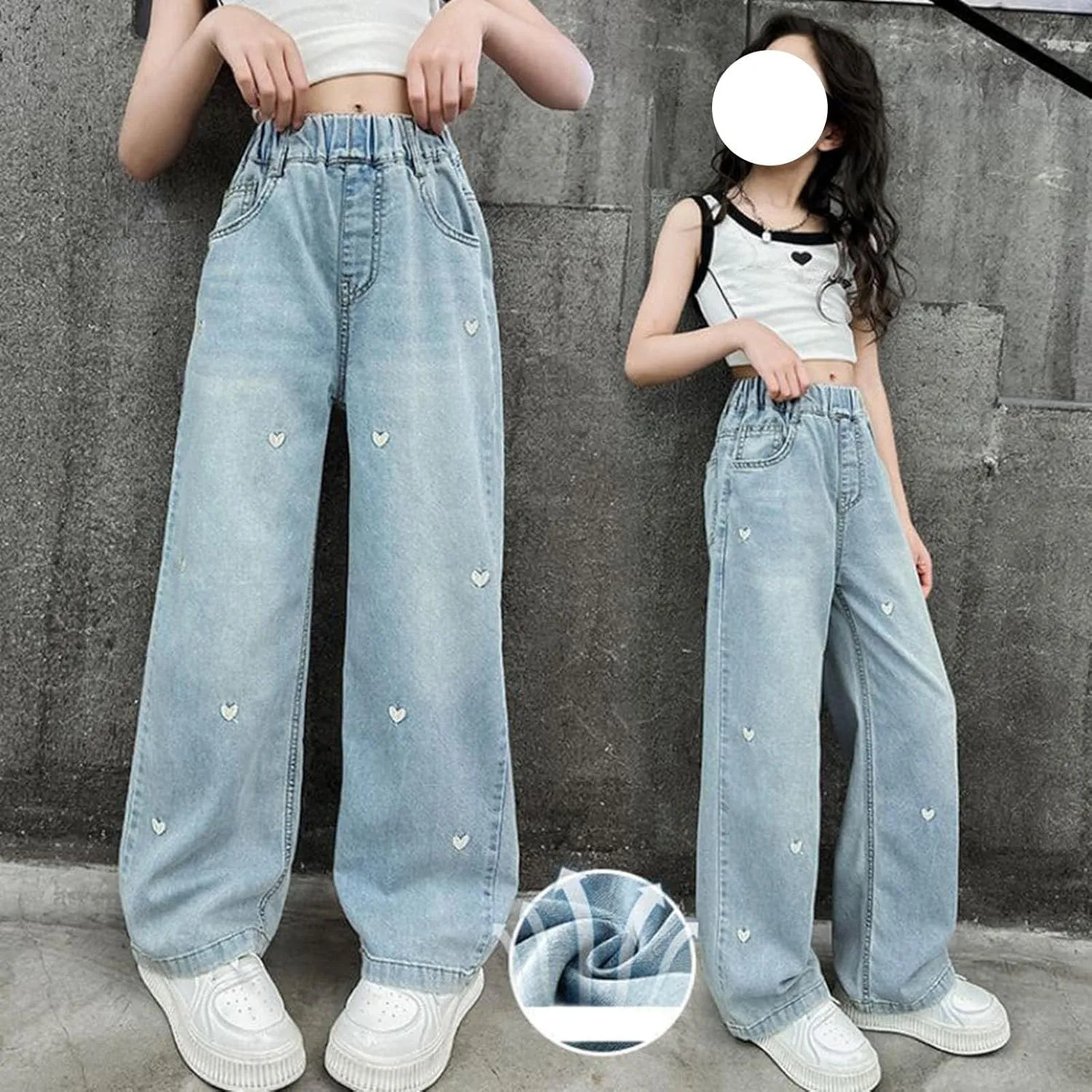 Girls Wide Leg Jeans High Elastic Waist Baggy Jeans Straight Leg Denim Pants Kids Girls Distressed Jeans Loose Fit