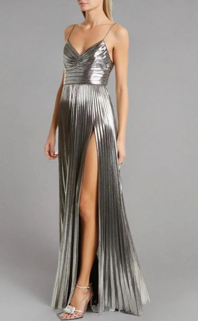 Glitter Metallic Satin Prom Dresses for Women 2024 Spaghetti Straps Long Formal Party Evening Gowns with Slit DE128
