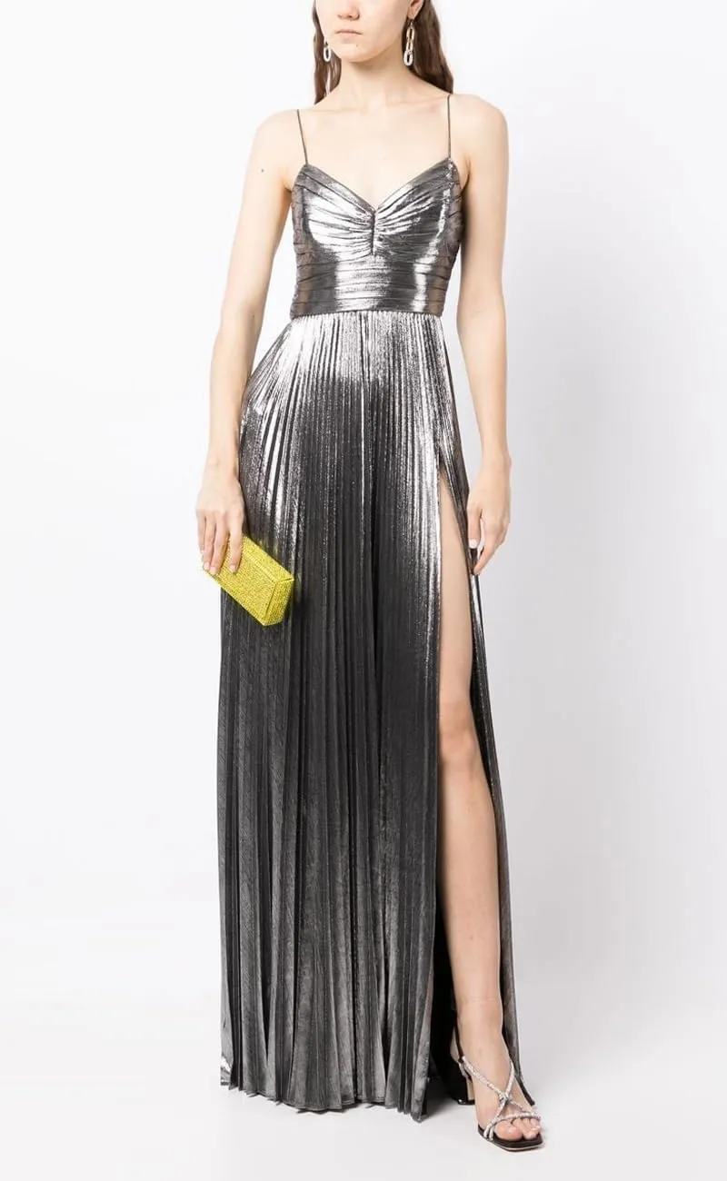 Glitter Metallic Satin Prom Dresses for Women 2024 Spaghetti Straps Long Formal Party Evening Gowns with Slit DE128