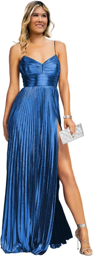 Glitter Metallic Satin Prom Dresses for Women 2024 Spaghetti Straps Long Formal Party Evening Gowns with Slit DE128