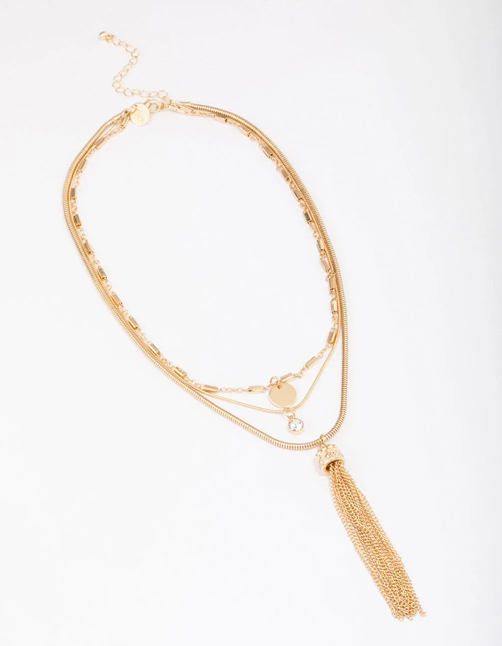Gold Diamante & Tassel Trio Statement Necklace