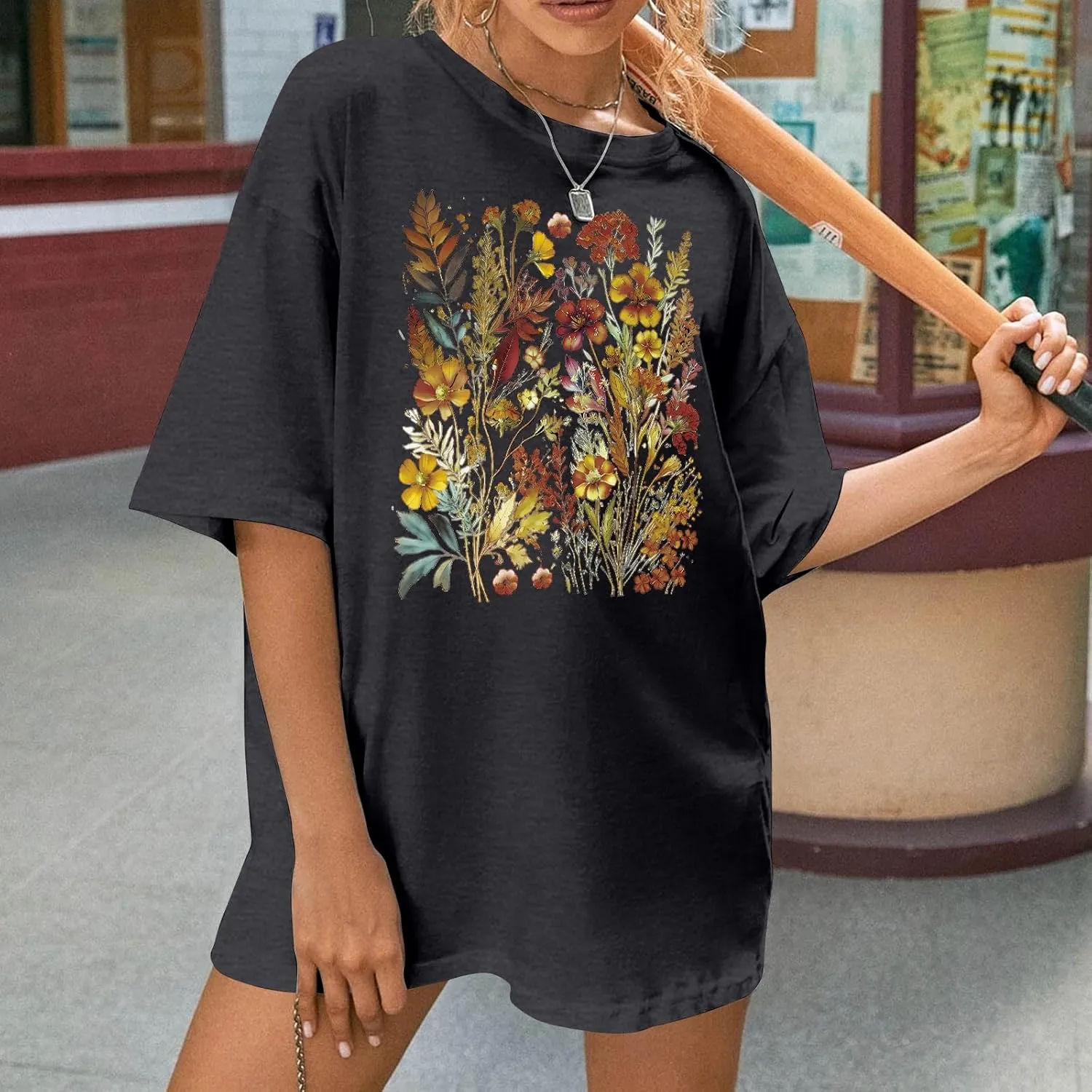 Graphic Shirts for Women Oversized Tshirt Flower Graphic Tee Boho Wildflower Christian Casual Summer Tops