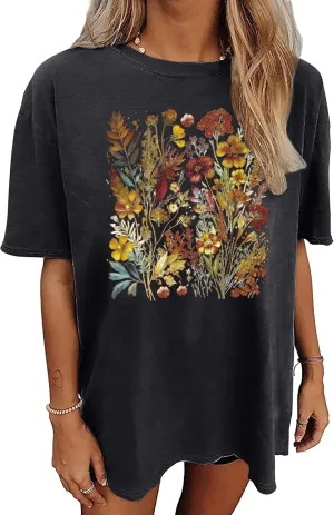 Graphic Shirts for Women Oversized Tshirt Flower Graphic Tee Boho Wildflower Christian Casual Summer Tops