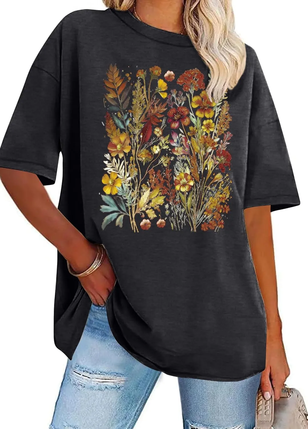 Graphic Shirts for Women Oversized Tshirt Flower Graphic Tee Boho Wildflower Christian Casual Summer Tops