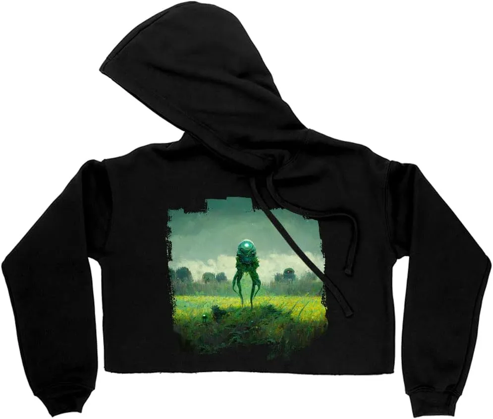 Green Alien Women's Cropped Fleece Hoodie - Printed Cropped Hoodie for Women - Cool Hooded Sweatshirt