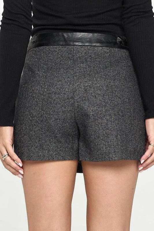 Grey Mini Wrap Skirt Short Leather Contrast