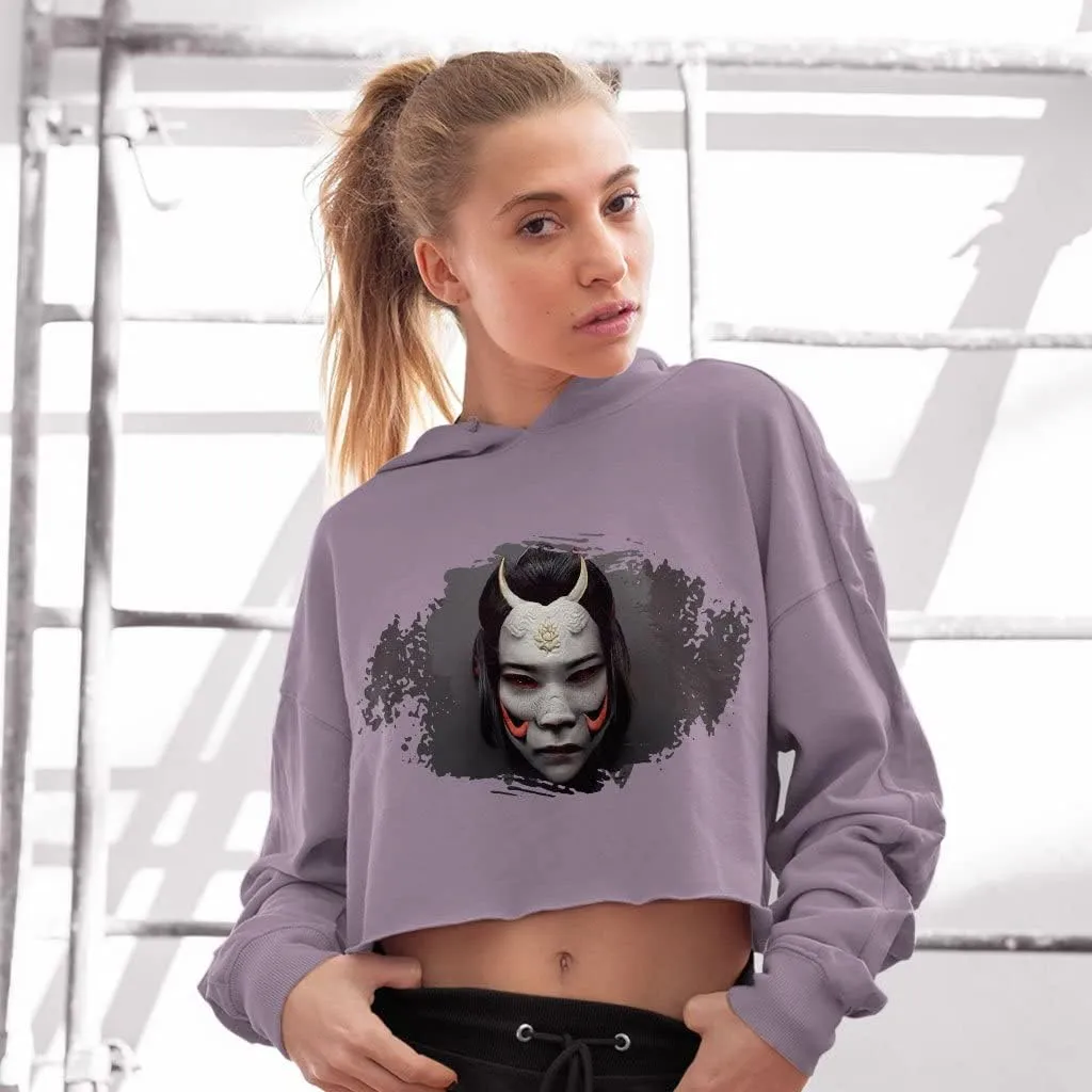 Hannya Mask Women's Cropped Fleece Hoodie - Mythology Cropped Hoodie for Women - Graphic Hooded Sweatshirt