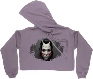 Hannya Mask Women's Cropped Fleece Hoodie - Mythology Cropped Hoodie for Women - Graphic Hooded Sweatshirt