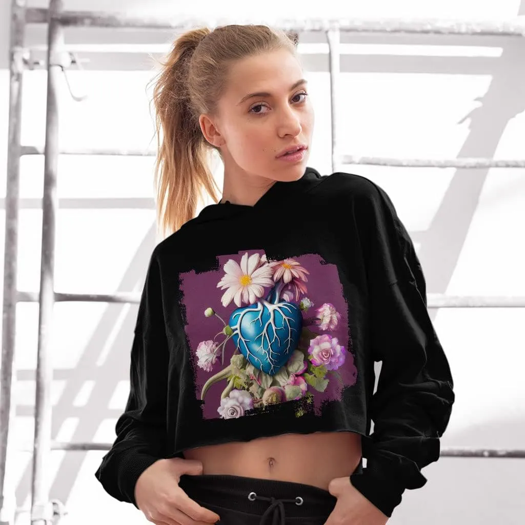 Heart Anatomy Women's Cropped Fleece Hoodie - Floral Cropped Hoodie for Women - Flower Hooded Sweatshirt