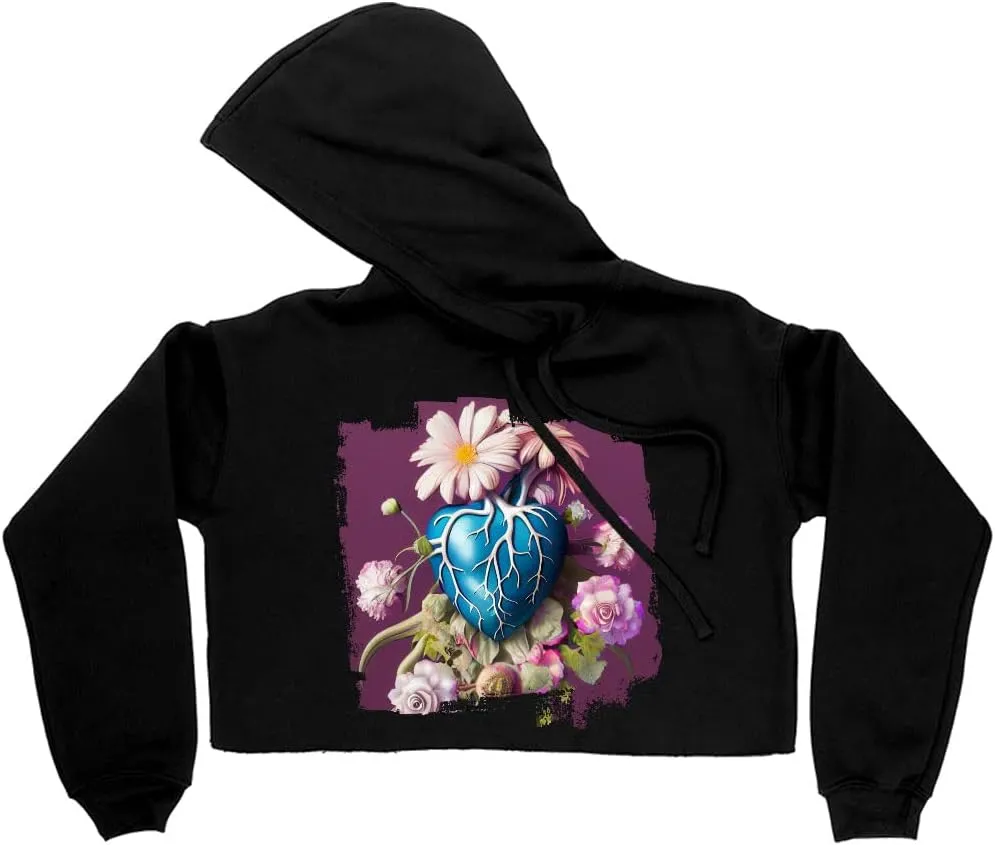 Heart Anatomy Women's Cropped Fleece Hoodie - Floral Cropped Hoodie for Women - Flower Hooded Sweatshirt