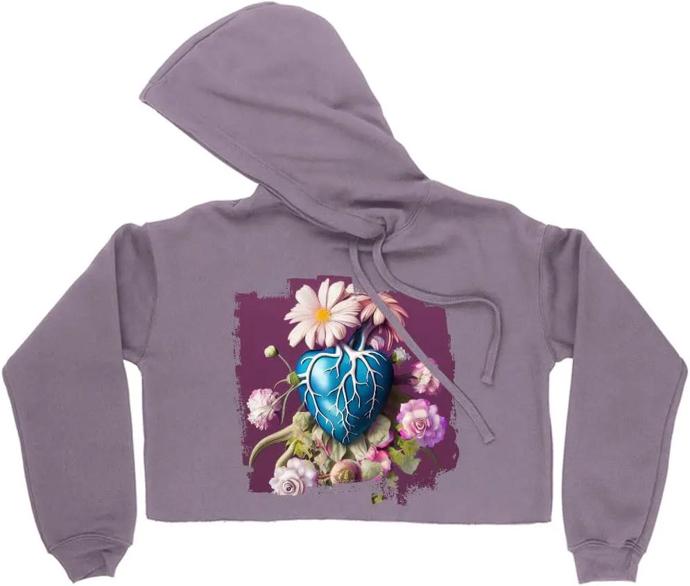 Heart Anatomy Women's Cropped Fleece Hoodie - Floral Cropped Hoodie for Women - Flower Hooded Sweatshirt
