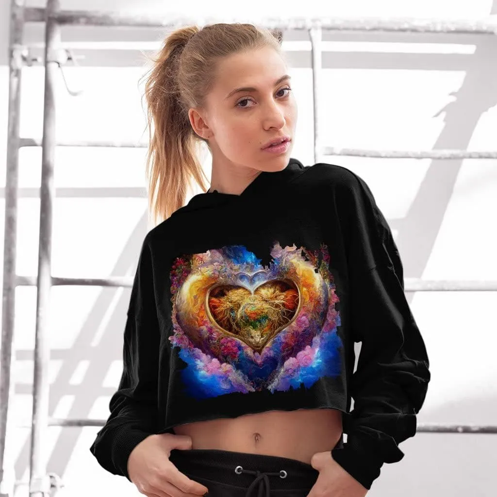 Heart Design Women's Cropped Fleece Hoodie - Romantic Cropped Hoodie for Women - Printed Hooded Sweatshirt