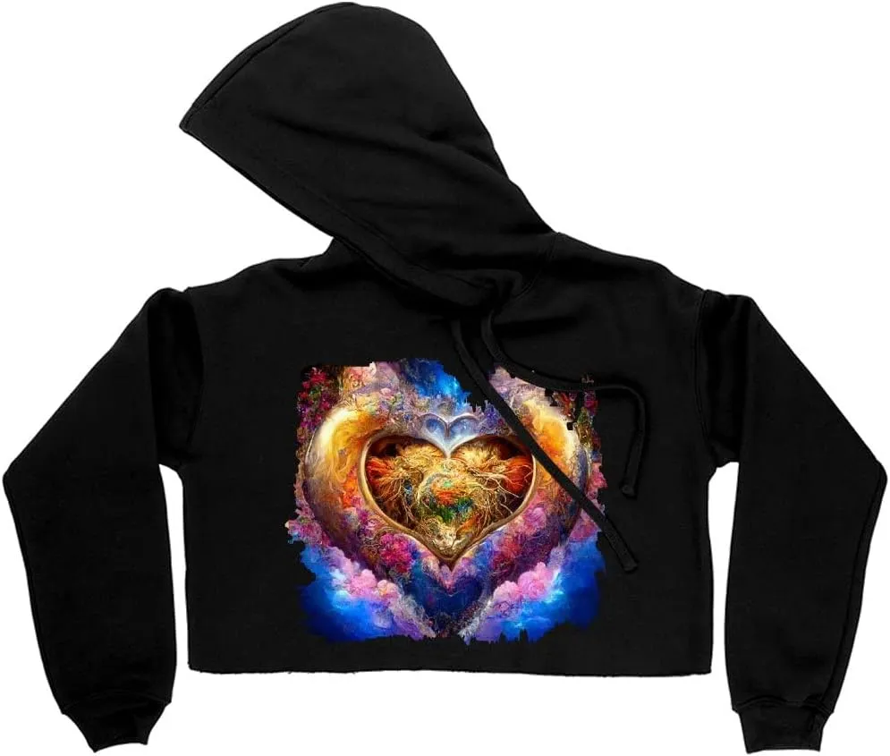Heart Design Women's Cropped Fleece Hoodie - Romantic Cropped Hoodie for Women - Printed Hooded Sweatshirt