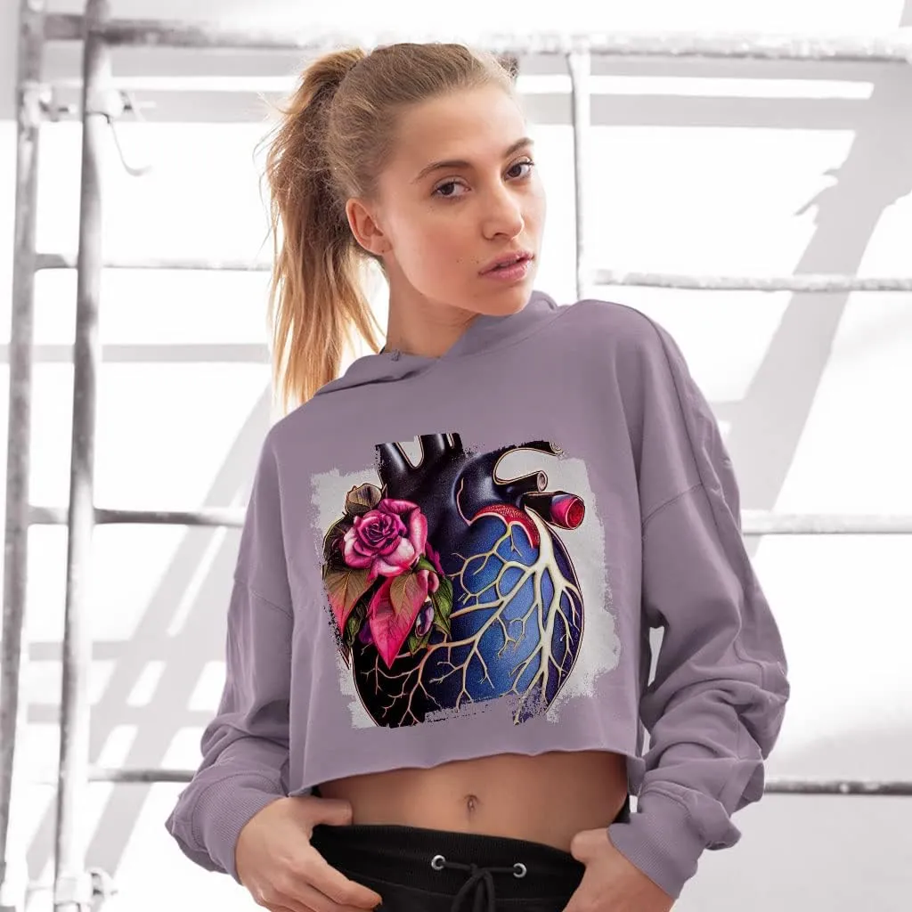 Heart Women's Cropped Fleece Hoodie - Flower Cropped Hoodie for Women - Fantasy Hooded Sweatshirt