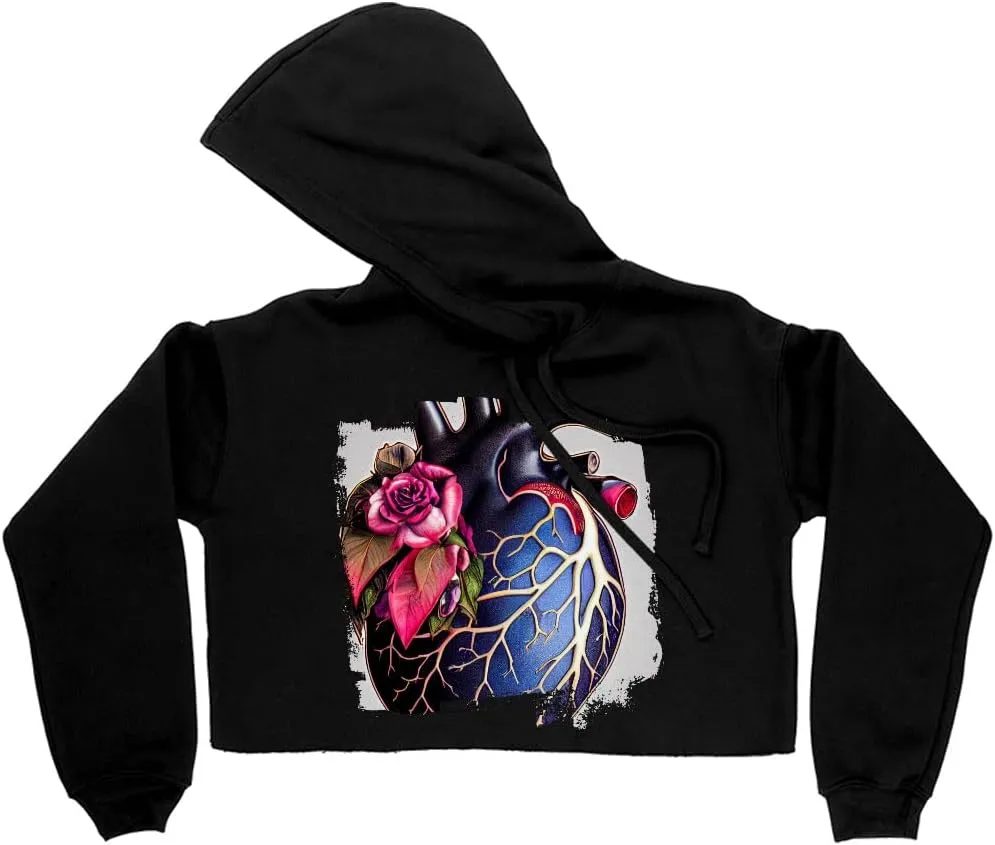 Heart Women's Cropped Fleece Hoodie - Flower Cropped Hoodie for Women - Fantasy Hooded Sweatshirt