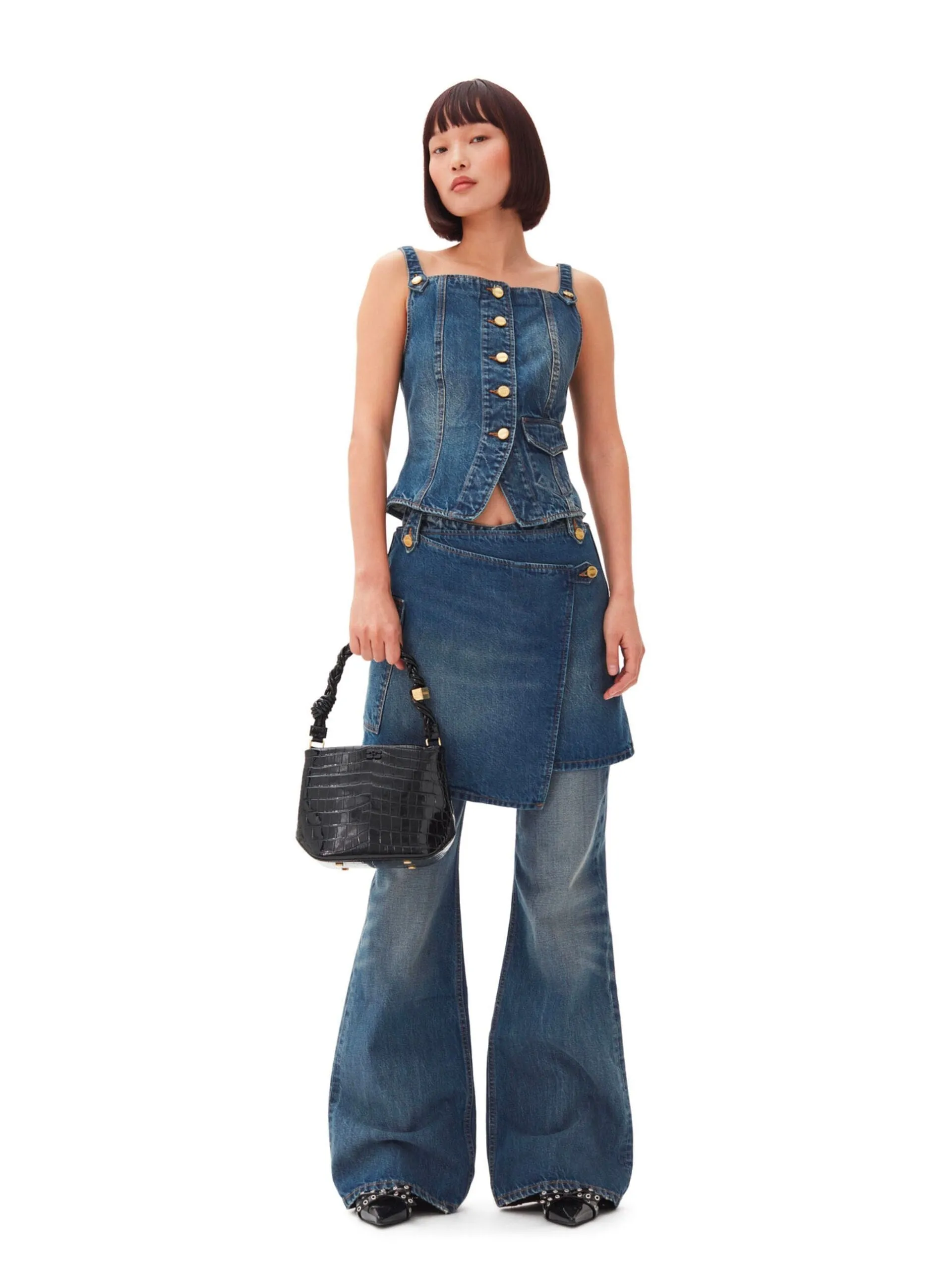 Heavy Washed Denim Flared Skirt Jeans / Mid Blue Vintage