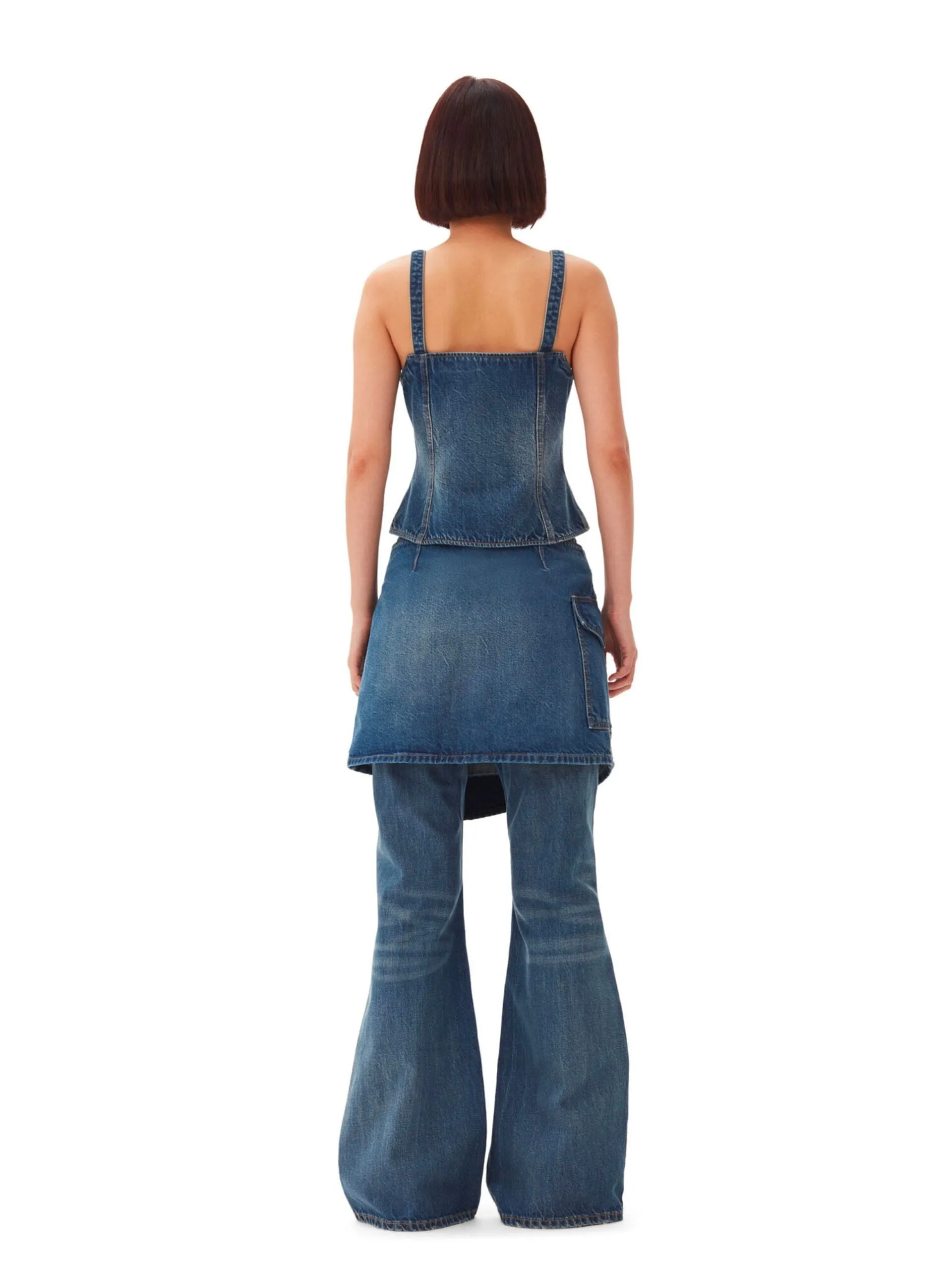 Heavy Washed Denim Flared Skirt Jeans / Mid Blue Vintage