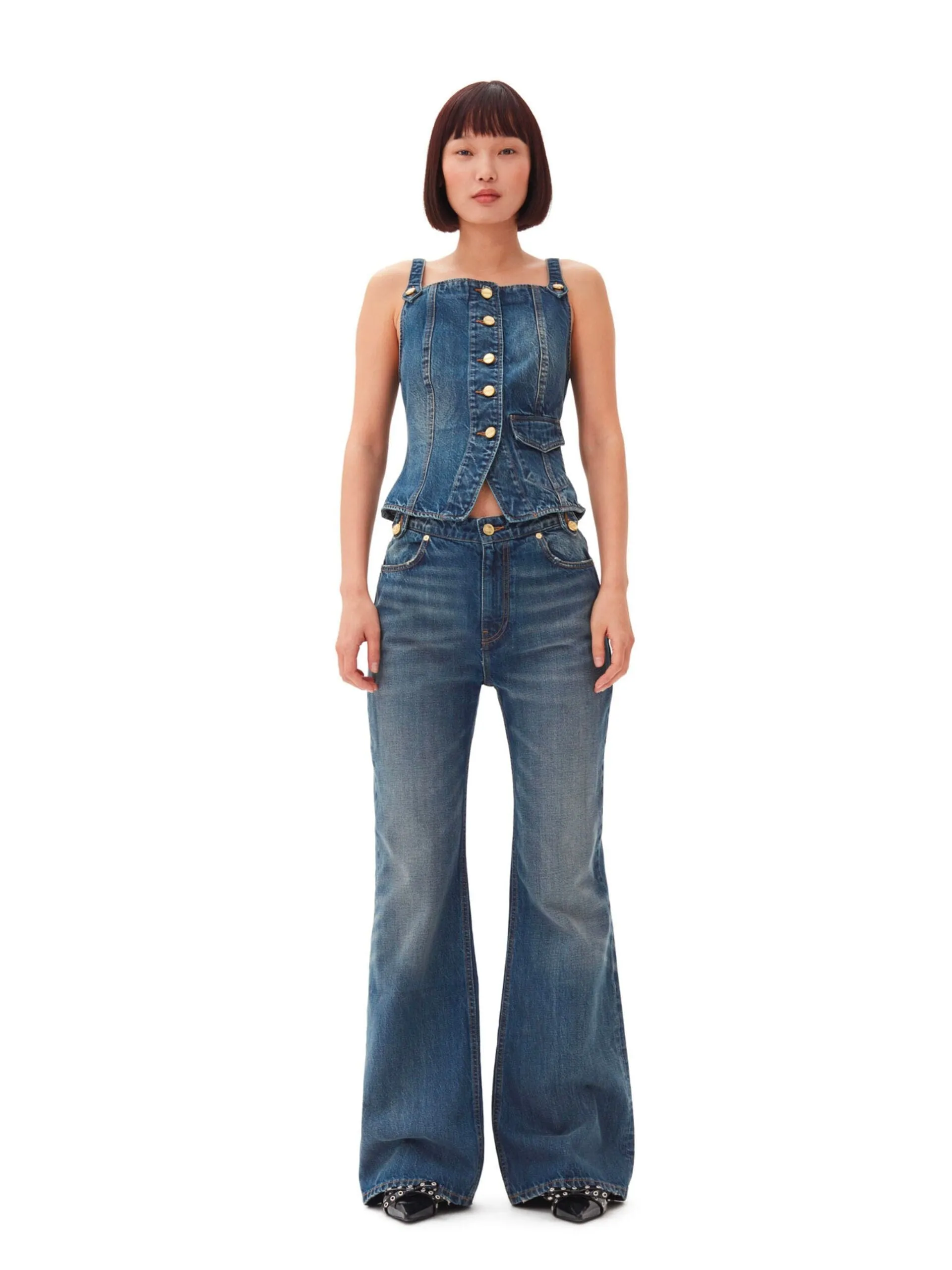 Heavy Washed Denim Flared Skirt Jeans / Mid Blue Vintage
