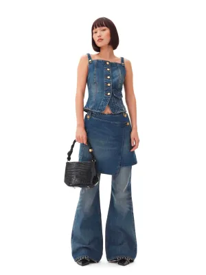 Heavy Washed Denim Flared Skirt Jeans / Mid Blue Vintage