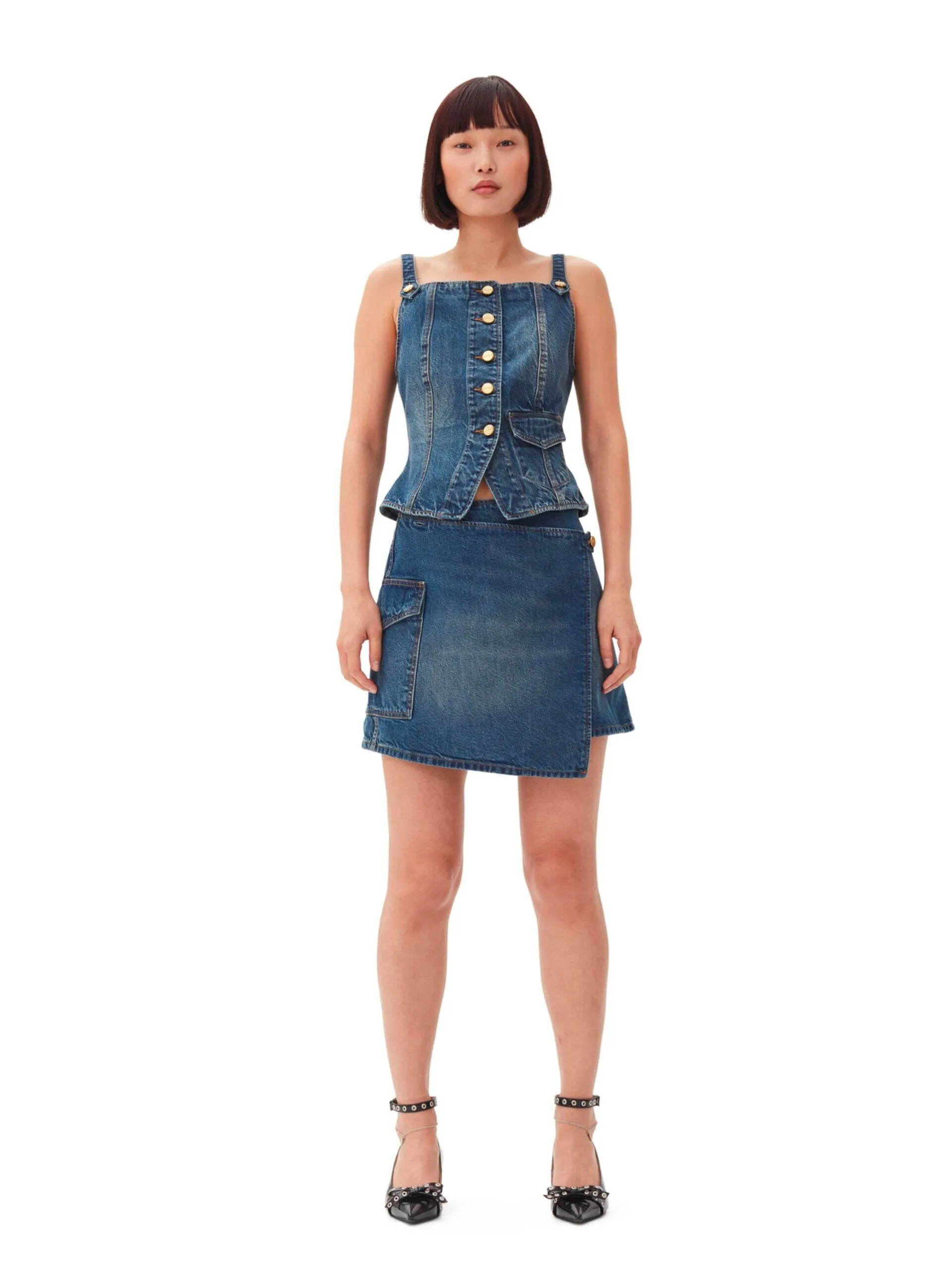 Heavy Washed Denim Flared Skirt Jeans / Mid Blue Vintage