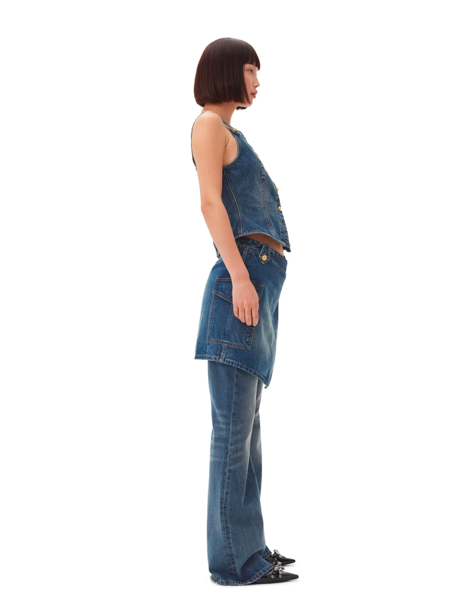 Heavy Washed Denim Flared Skirt Jeans / Mid Blue Vintage