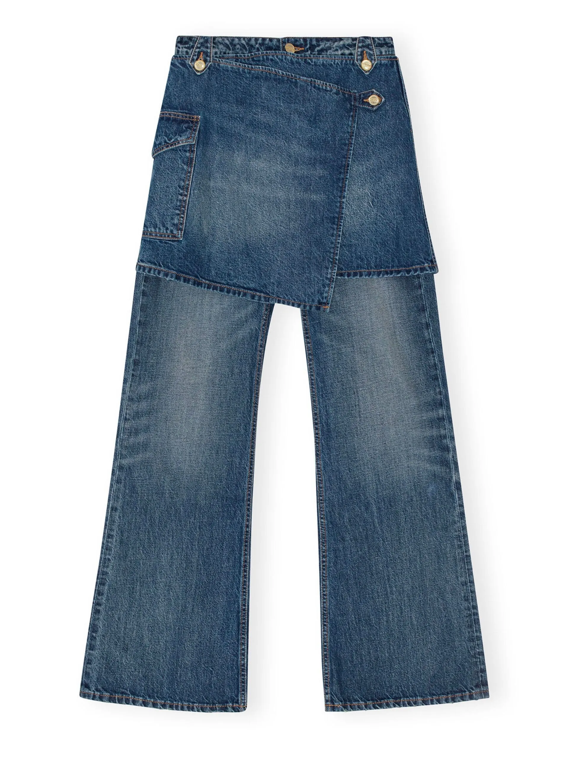 Heavy Washed Denim Flared Skirt Jeans / Mid Blue Vintage
