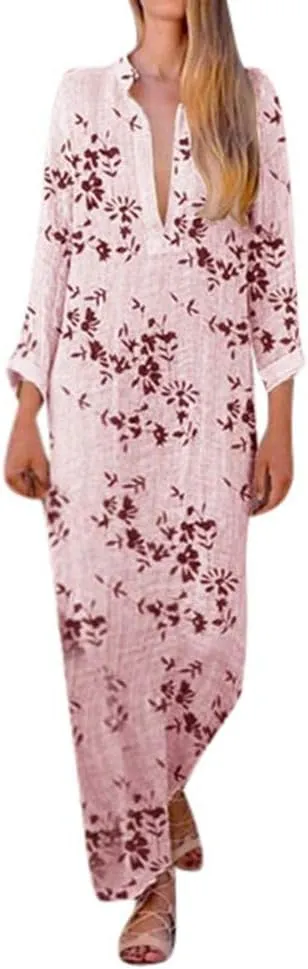 HHmei Women's V-Neck Wrist Sleeve Summer Casual Lady Bohemian Floral Printed Dress Ankle-Length