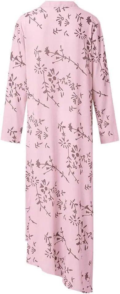 HHmei Women's V-Neck Wrist Sleeve Summer Casual Lady Bohemian Floral Printed Dress Ankle-Length