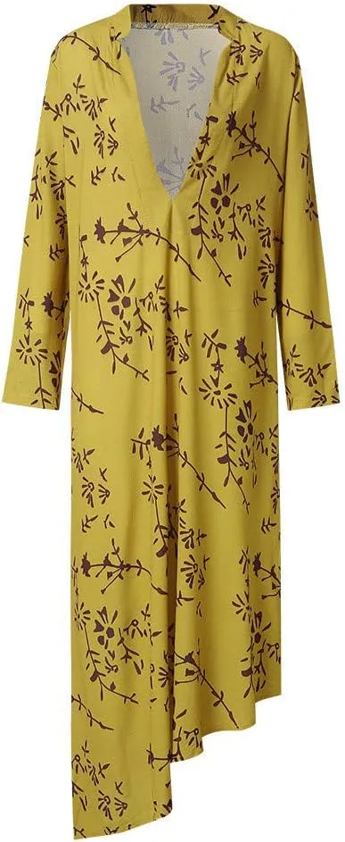 HHmei Women's V-Neck Wrist Sleeve Summer Casual Lady Bohemian Floral Printed Dress Ankle-Length