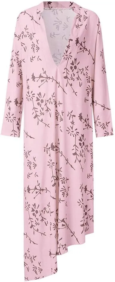 HHmei Women's V-Neck Wrist Sleeve Summer Casual Lady Bohemian Floral Printed Dress Ankle-Length