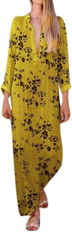 HHmei Women's V-Neck Wrist Sleeve Summer Casual Lady Bohemian Floral Printed Dress Ankle-Length