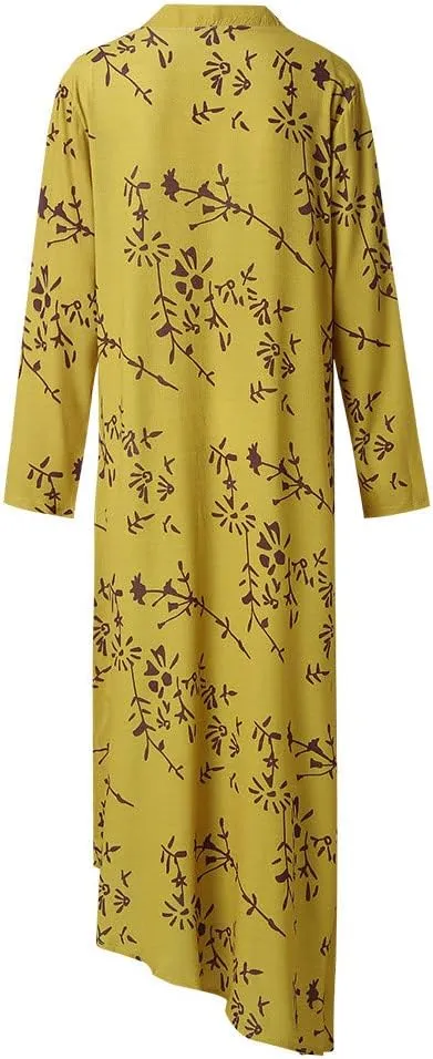 HHmei Women's V-Neck Wrist Sleeve Summer Casual Lady Bohemian Floral Printed Dress Ankle-Length