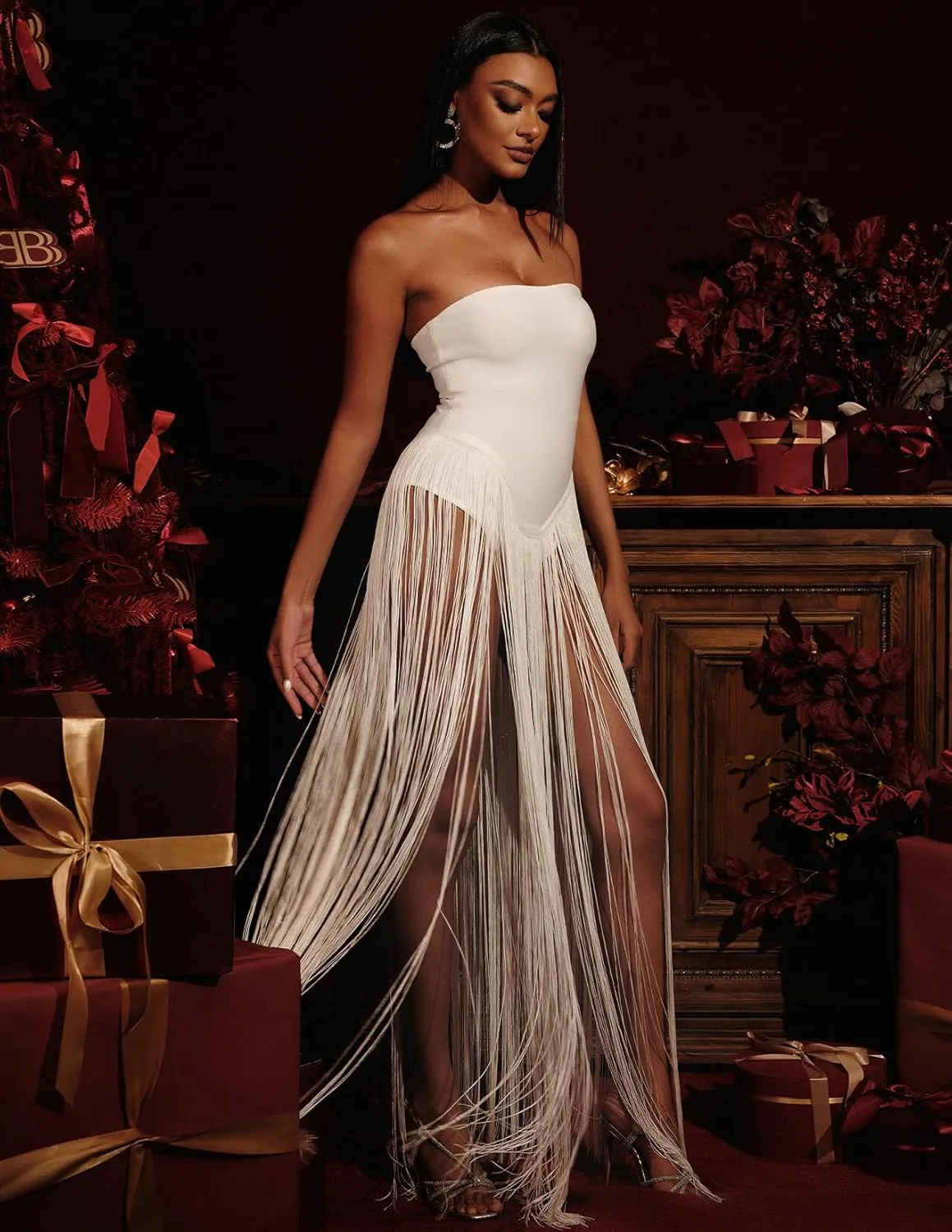 High Slit Fringe Dress Sparkly Red Strapless Dress Sexy Bodycon Dress