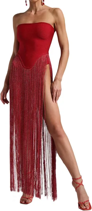 High Slit Fringe Dress Sparkly Red Strapless Dress Sexy Bodycon Dress